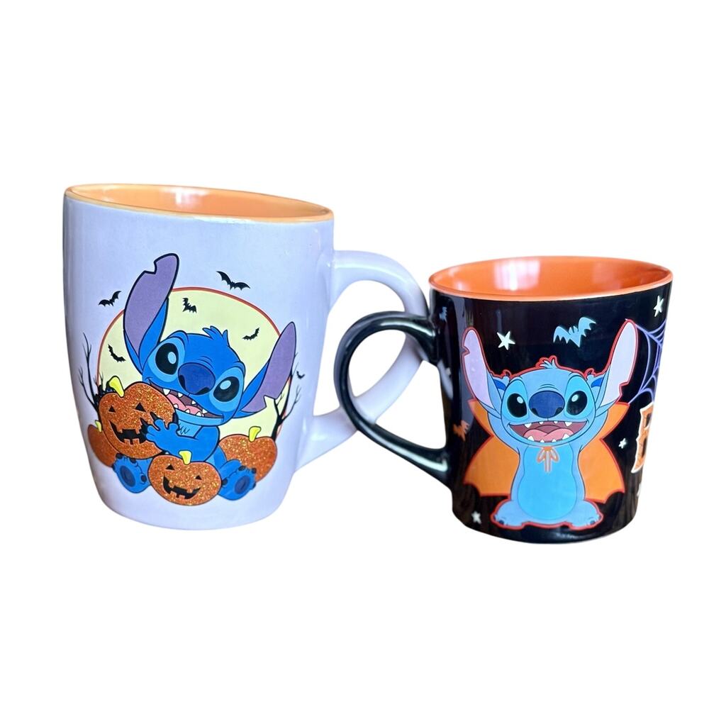 Disney LILO STITCH Halloween XL Ceramic Mugs BOO Witch Vampire Bats Pumpkin SET2